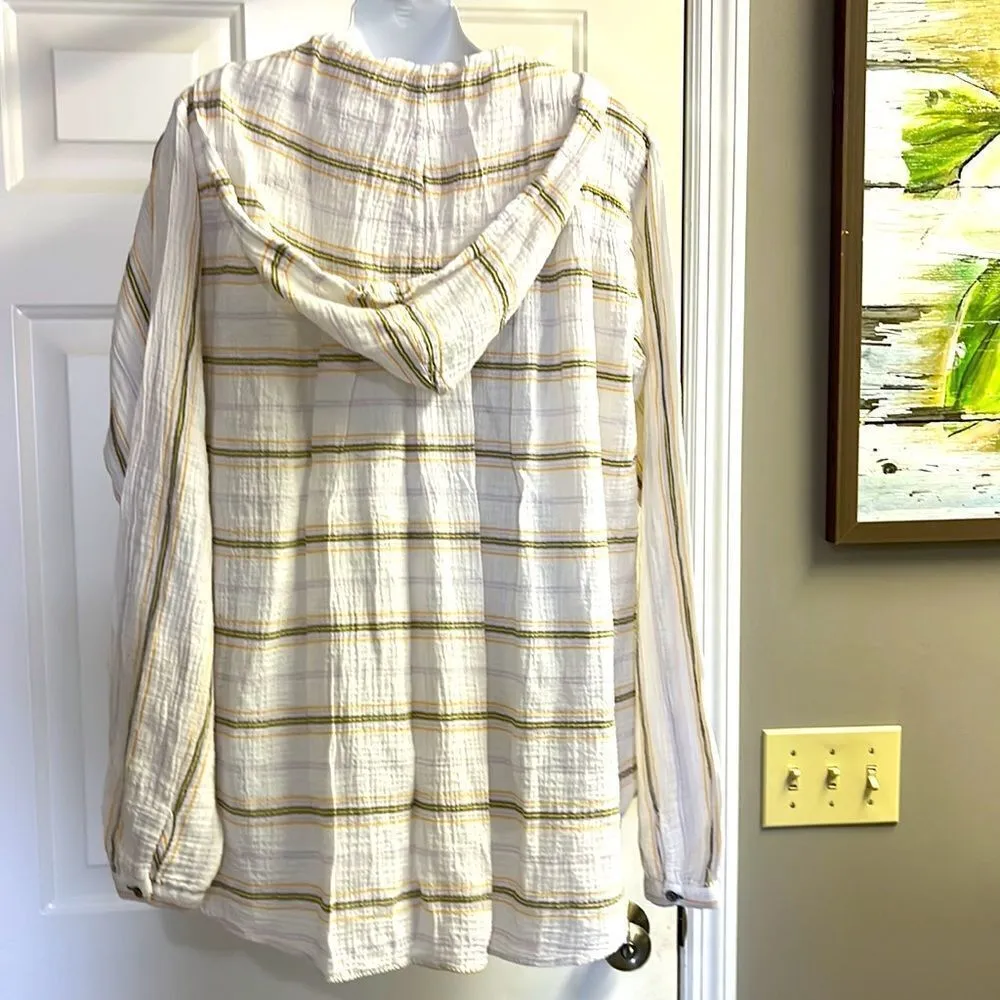 FREE PEOPLE-Rolling Clouds 100% Cotton Hoodie Pocketed White Stripe Blouse-Small - Image 6