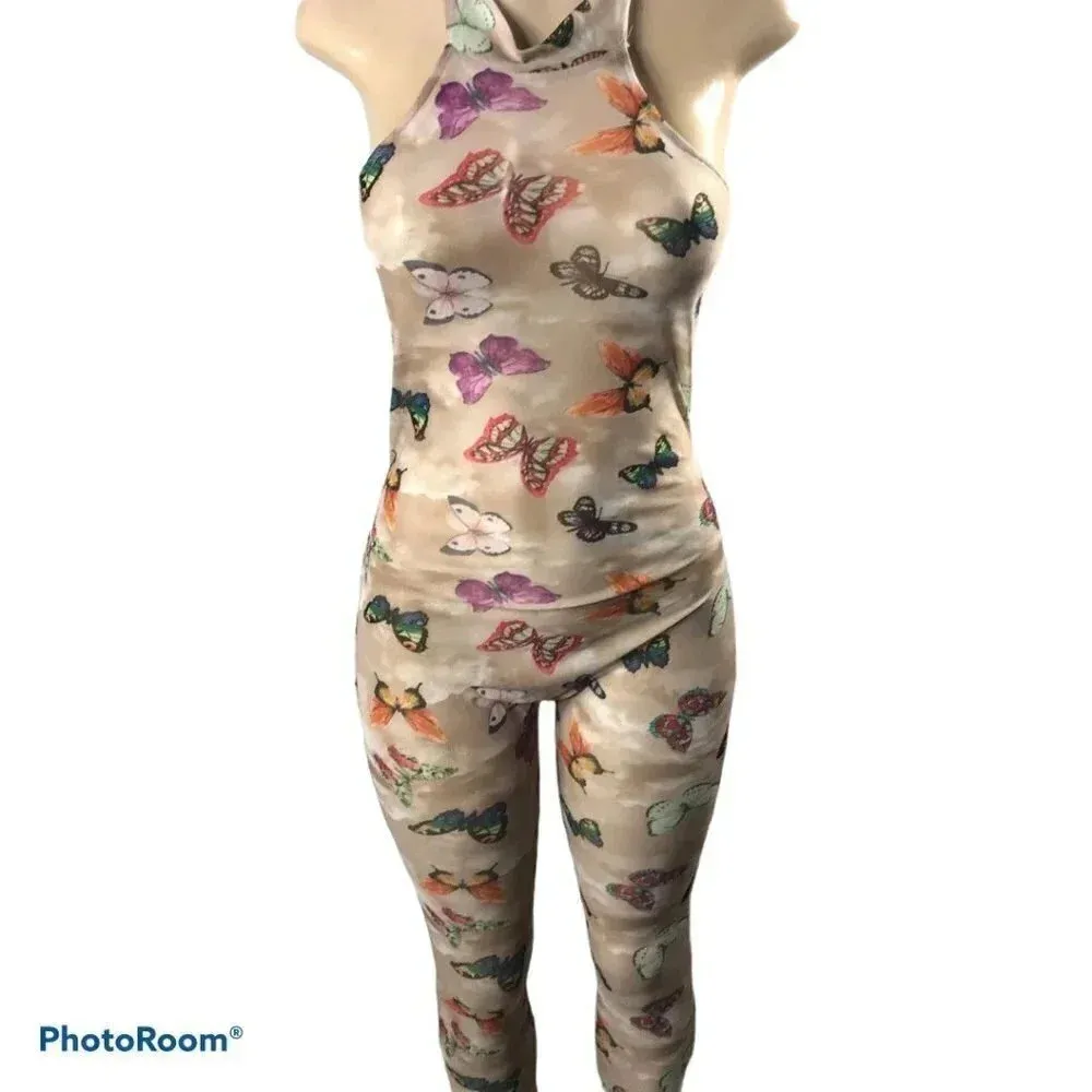 One Piece Mesh Size Medium Butterflies Multi Color Print Pants Romper. Tan - Image 2