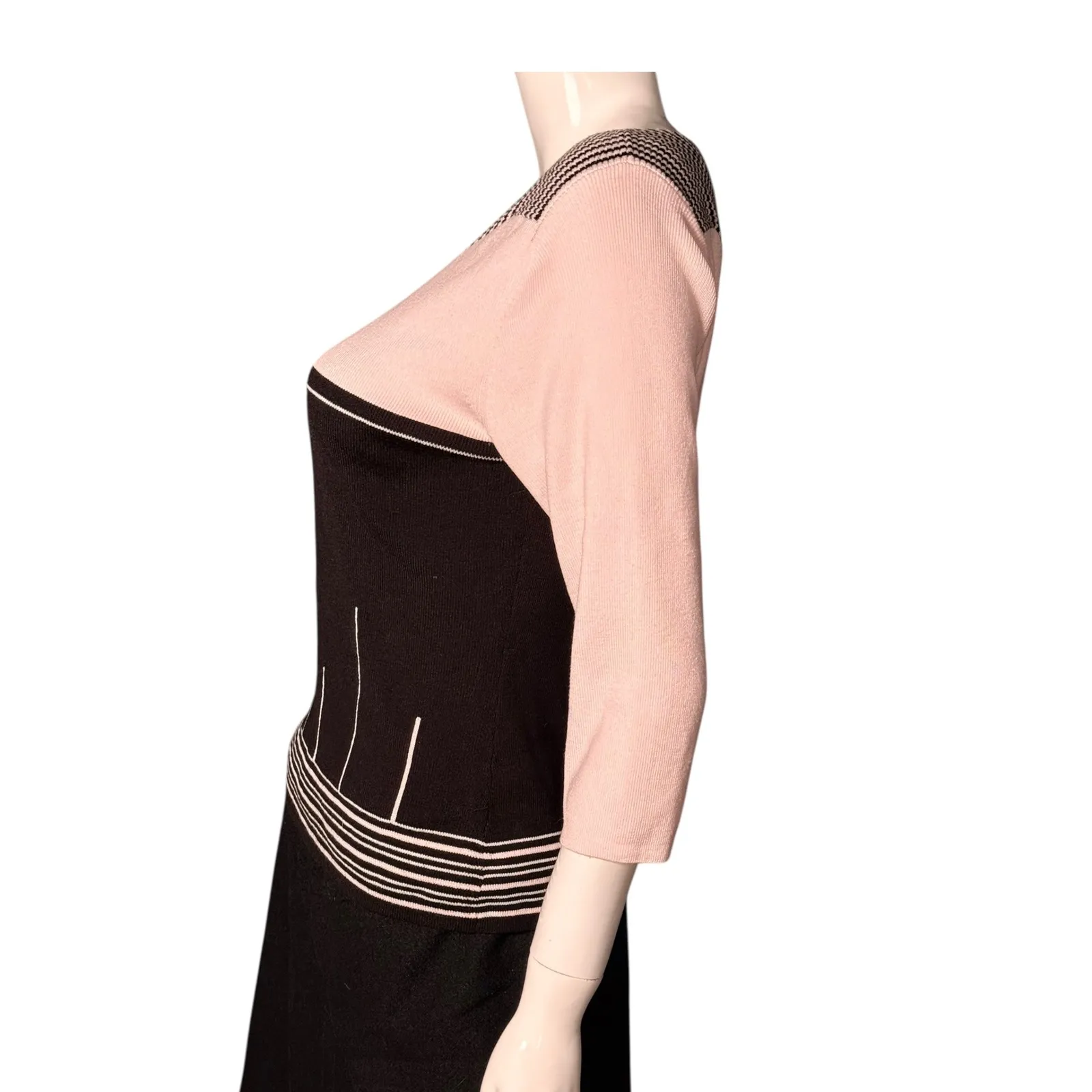 Design Assets Pink Black Striped 3/4 Sleeve Boat Neck Knit Sweater Top Womens M Size M - Image 2