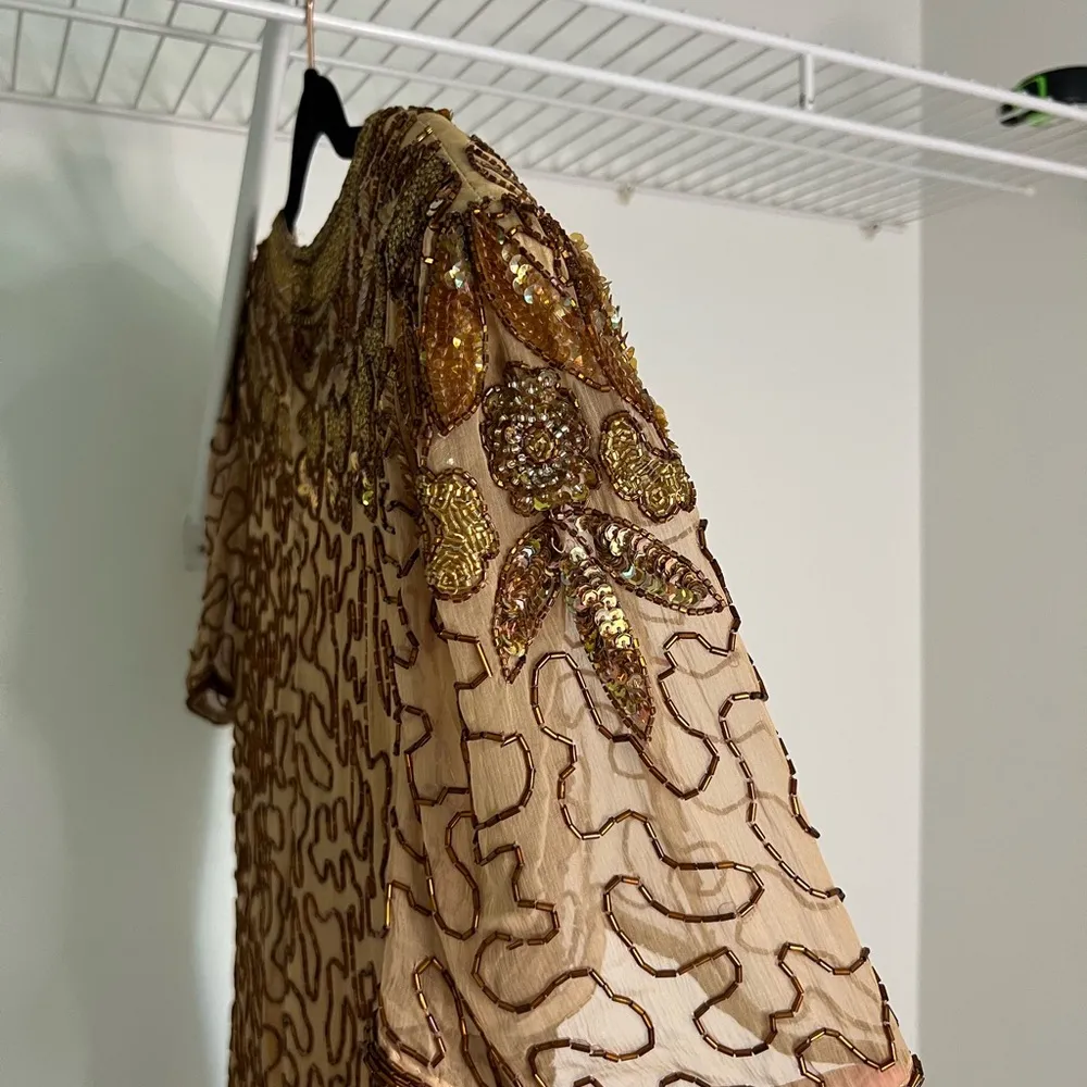 Vintage Silk Beaded 1980s Dress Brown Size XL - Image 4