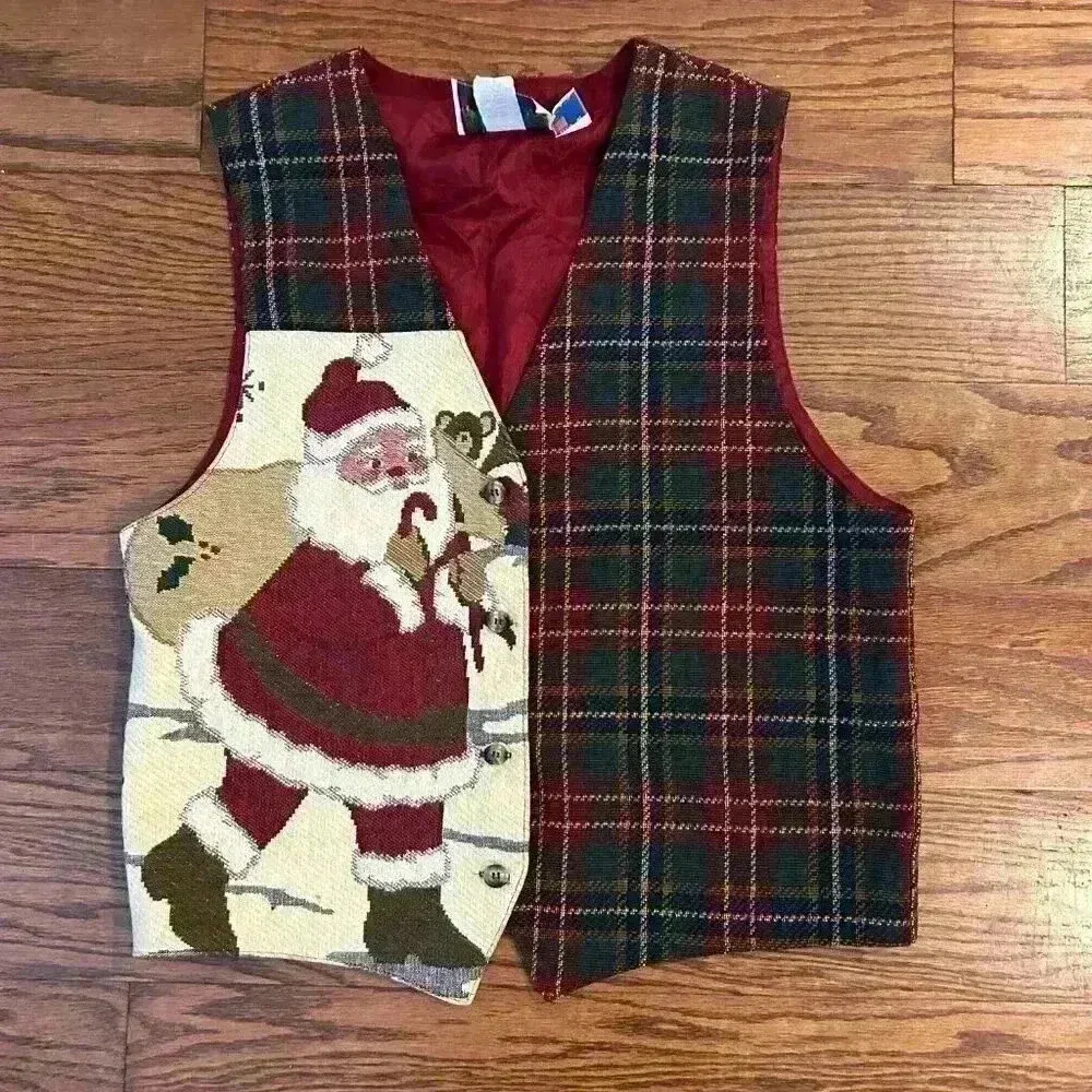 Vintage Christmas Tapestry Tartan Plaid Santa Vest Made In USA Size Medium 80s Red - Image 2