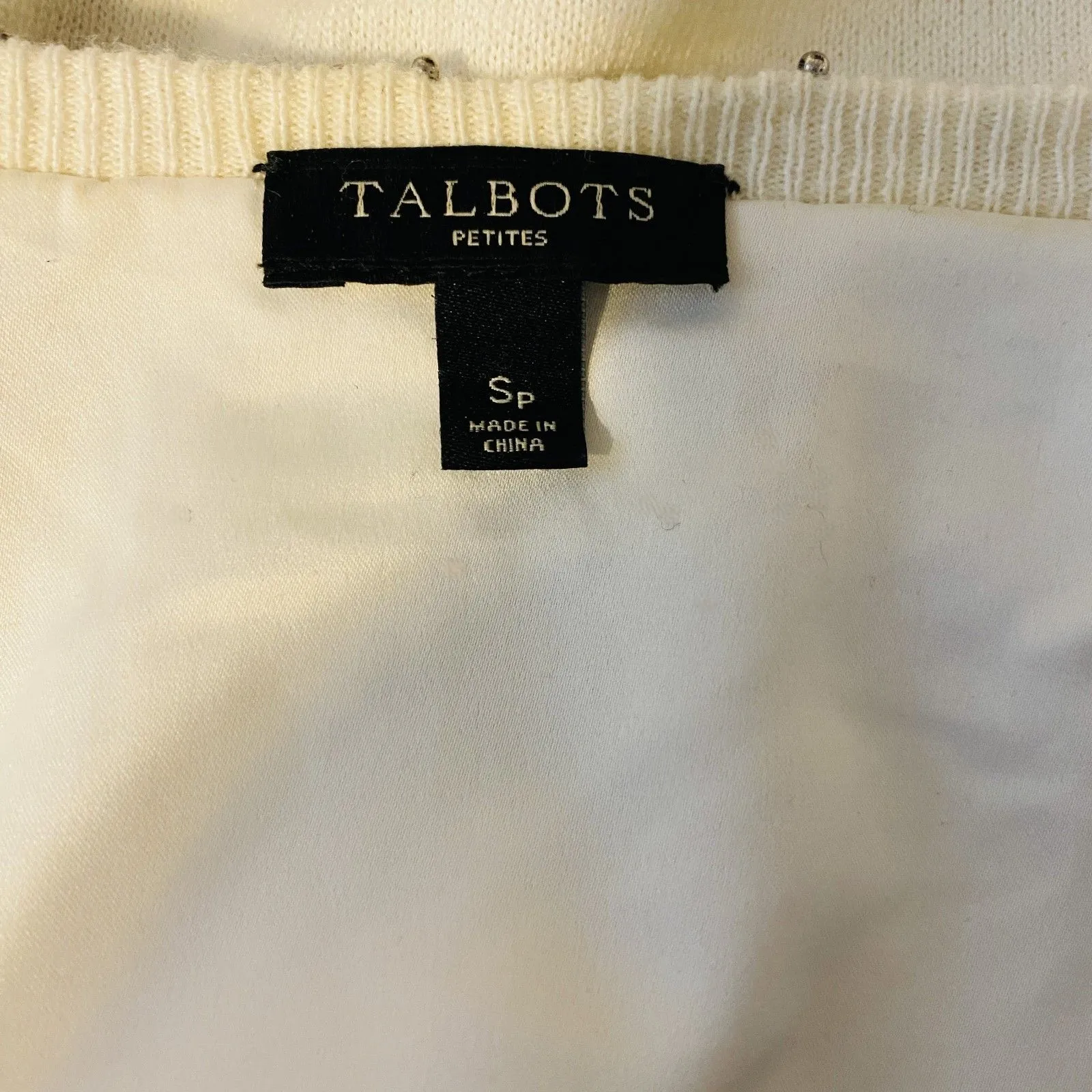 Talbots Cream Lambswool Blend Silver Beaded Bejeweled Cardigan Sweater Sz SP - Image 3
