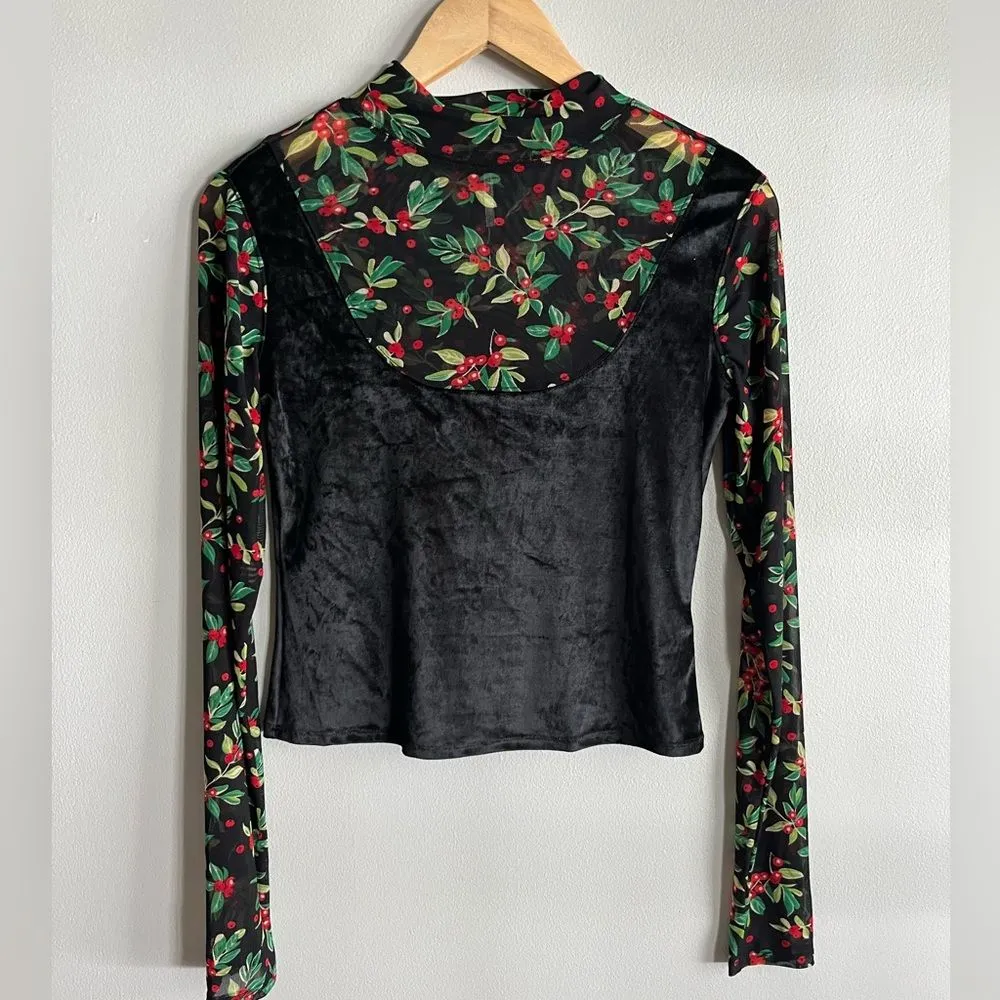 Free People Intimately Floral Mesh Velvet Mix Top Sheer Holiday Holly sz S - Image 3