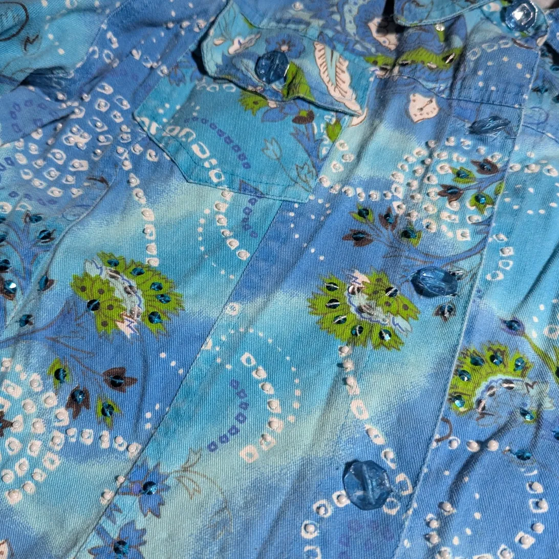 Vtg 1990s Keren Hart Blue Green Floral Print Beaded Button Up Cotton Jacket M Size L - Image 3