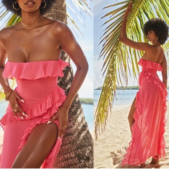 NWOT HOUSE OF CB Sarina Fuchsia Hot Pink Ruffle Strapless Maxi Dress sz L - Image 2