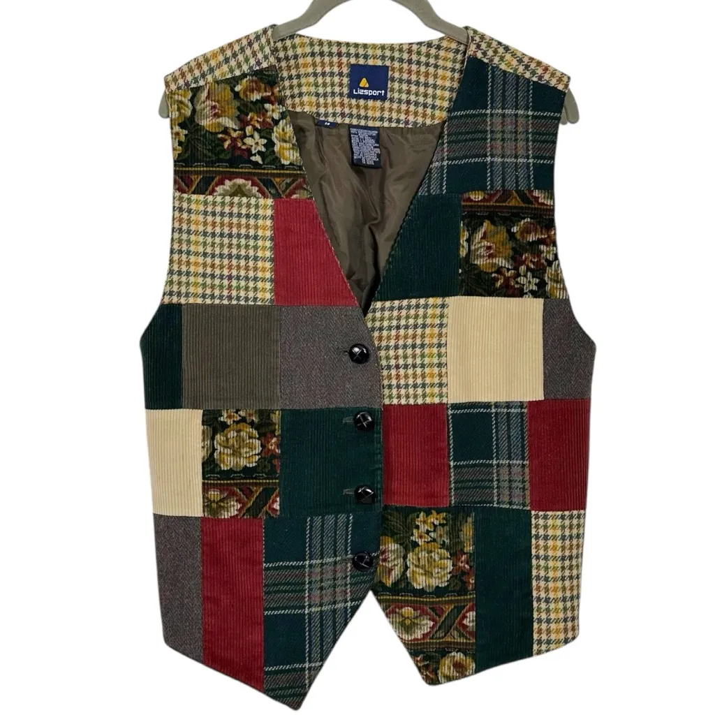 Vintage 90s Liz Claiborne Dark Academia Wool Floral Plaid Patchwork Vest Size 14 Brown - Image 5