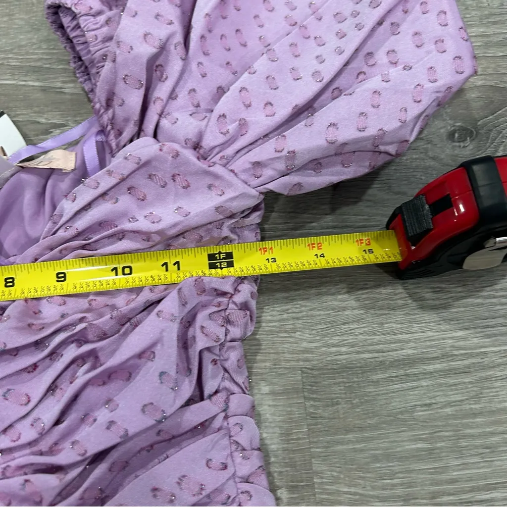 HUTCH x Anthropologie Wren Mini Dress Lilac Ruched Off the Shoulder Puff Sleeve - Image 11