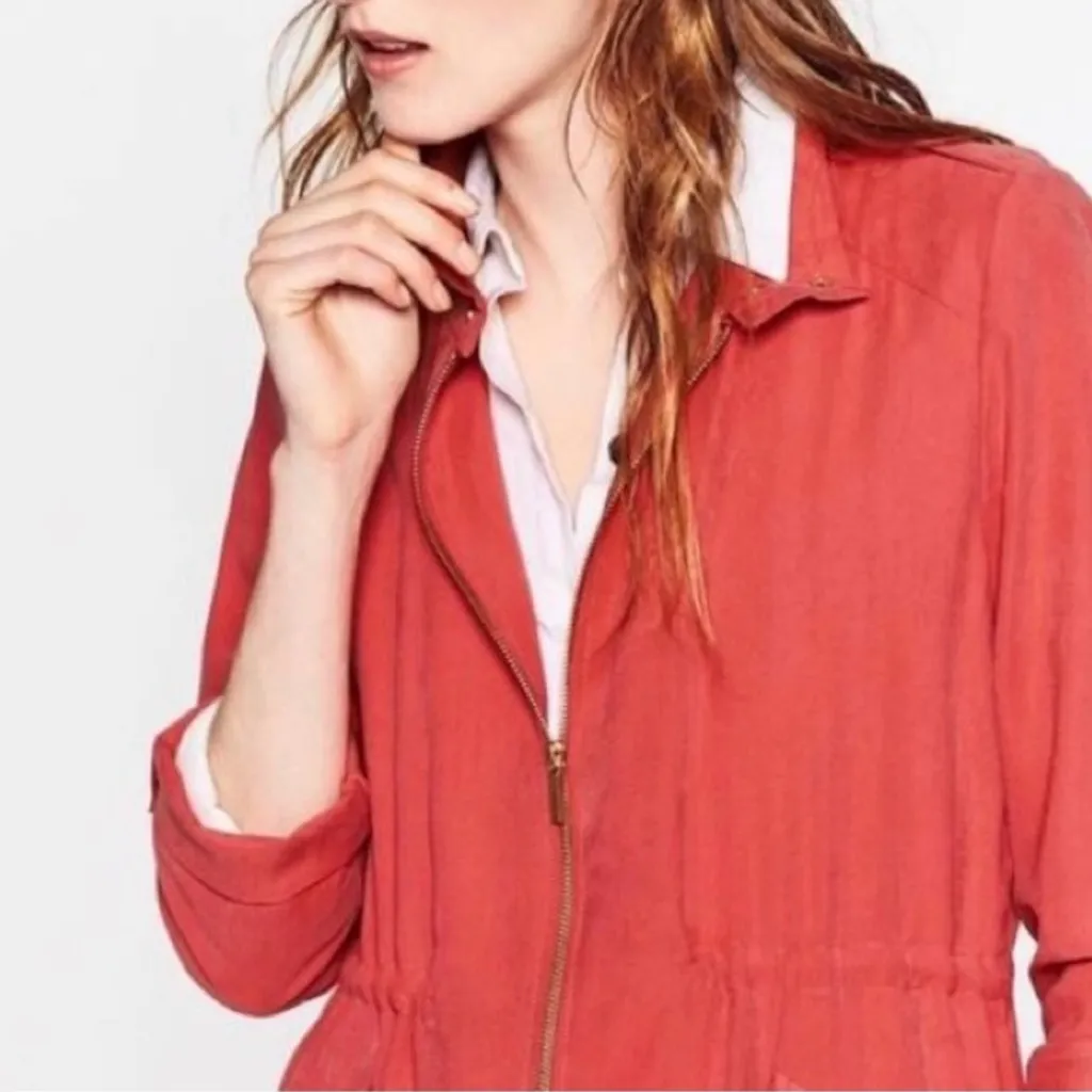 ZARA Front Zip Gold Snap Cinched Waist Military Utility Jacket Coral Pink‎ Large - Image 3