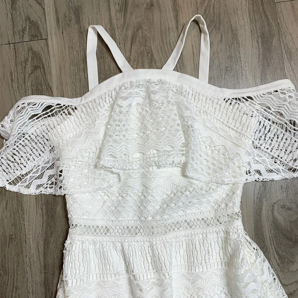 Two Sisters The Label Sheffield Cold Shoulder Bridal Ruffle Lace Midi Dress S White - Image 7