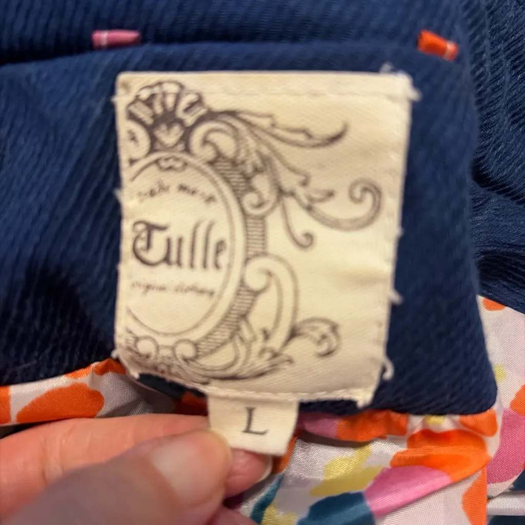 Y2k ANTHROPOLOGIE TULLE Navy Blue washed denim jacket: Military style sz L Size L - Image 4