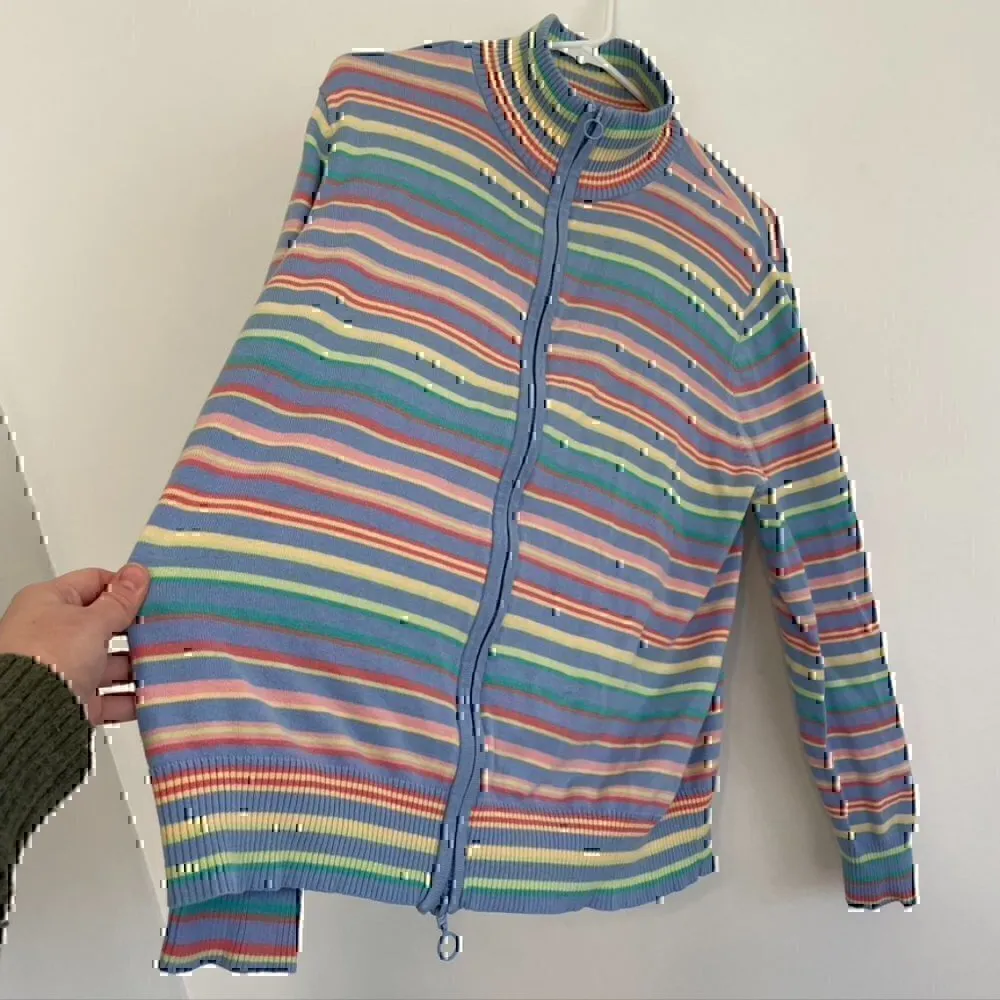 VINTAGE SAG HARBOR Blue Pink Yellow Rainbow Stripe Full Zip Sweatshirt / Sweater Size XL - Image 9