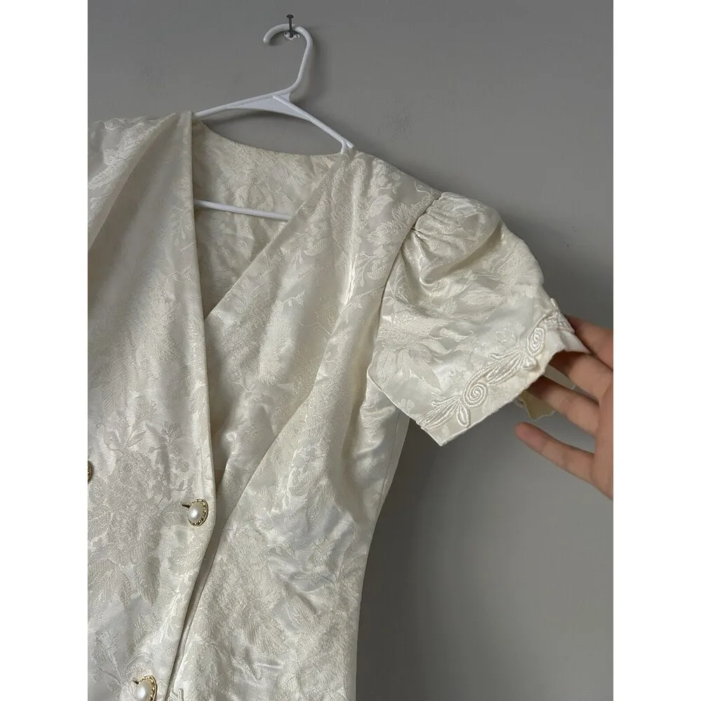 Vintage White Floral Midi Dress With Gold Button Details Size M - Image 10