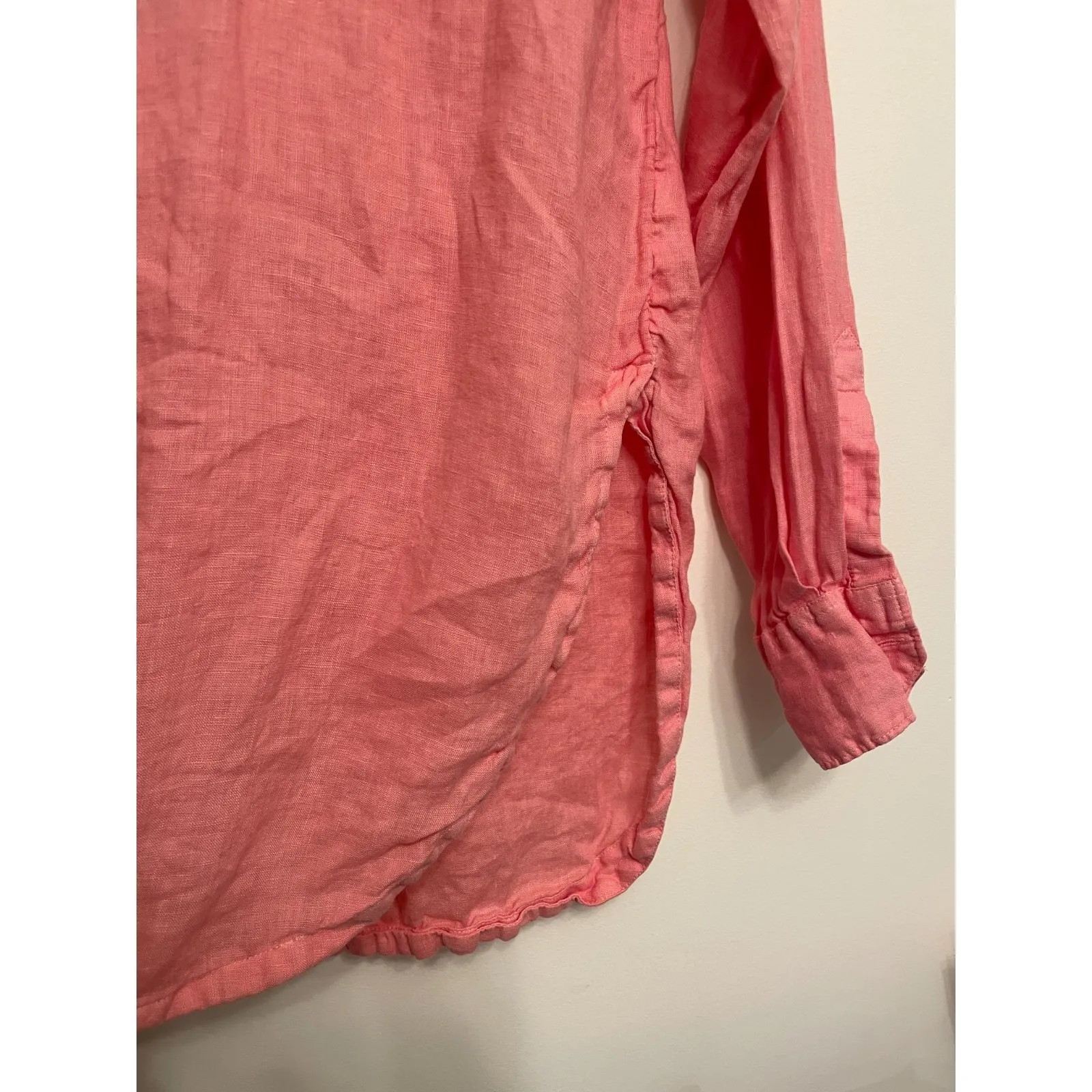 Athleta 100% Linen Button Up Shirt Women Small Pink‎ Coral Long Sleeve Side Slit - Image 4