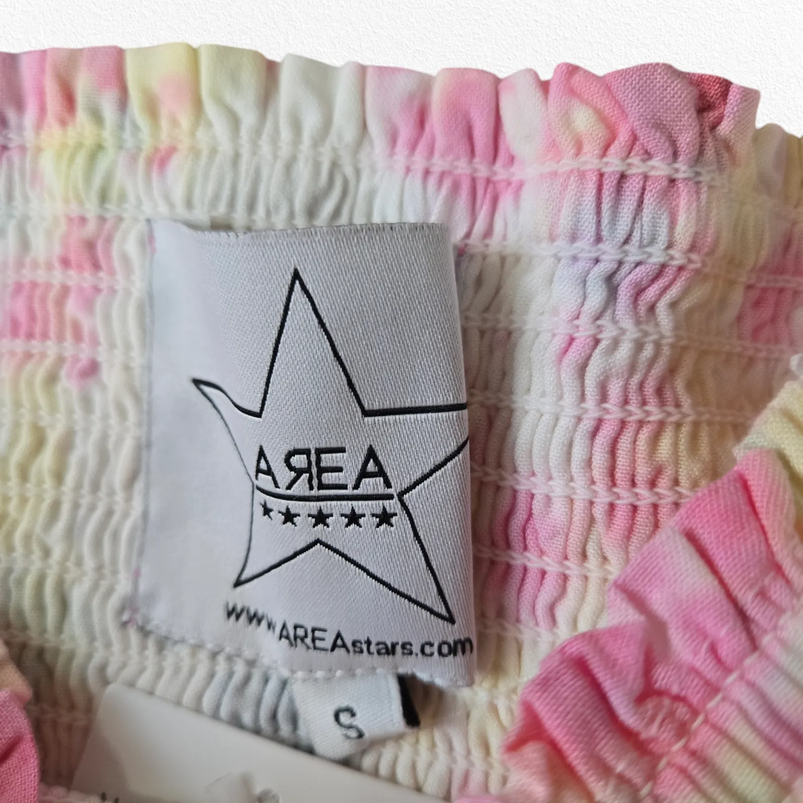 Pink White Tie Dye Smocked Off the Shoulder Area Stars Kaia Dress Size Small - Image 4