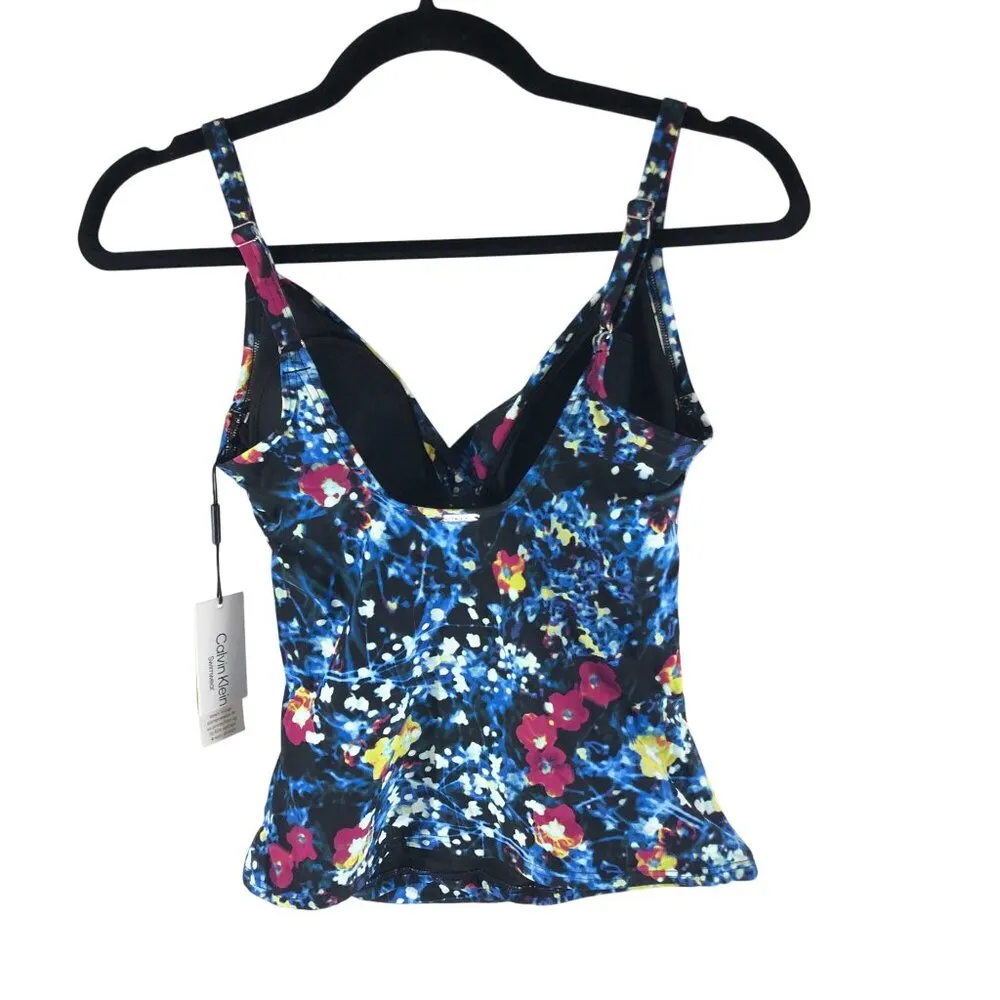 Calvin Klein Tankini Top Molded Cups Twist Front Floral Black Blue XS - Image 3