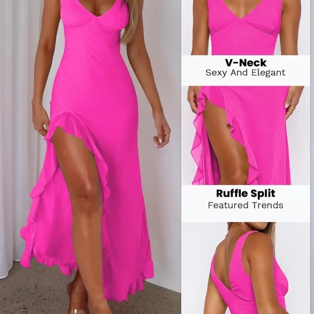 Women Sexy V Neck Mesh Ruffle
Hem Bodycon Maxi Backless High Slit Pink Size XL - Image 3
