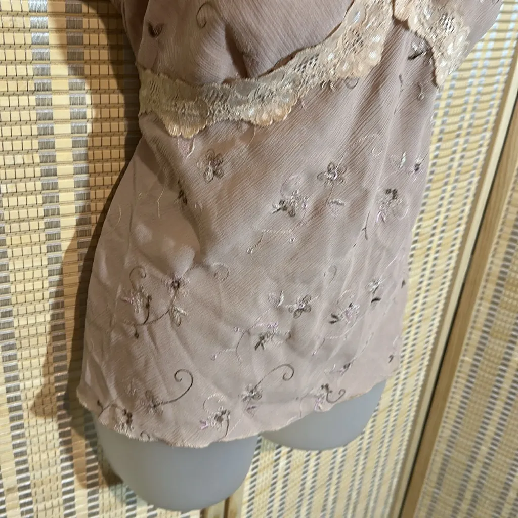 Rave Vintage 1990s Y2K Beige Floral Tank Top Ruffles Lace Trim Tie Belt Large Purple - Image 5