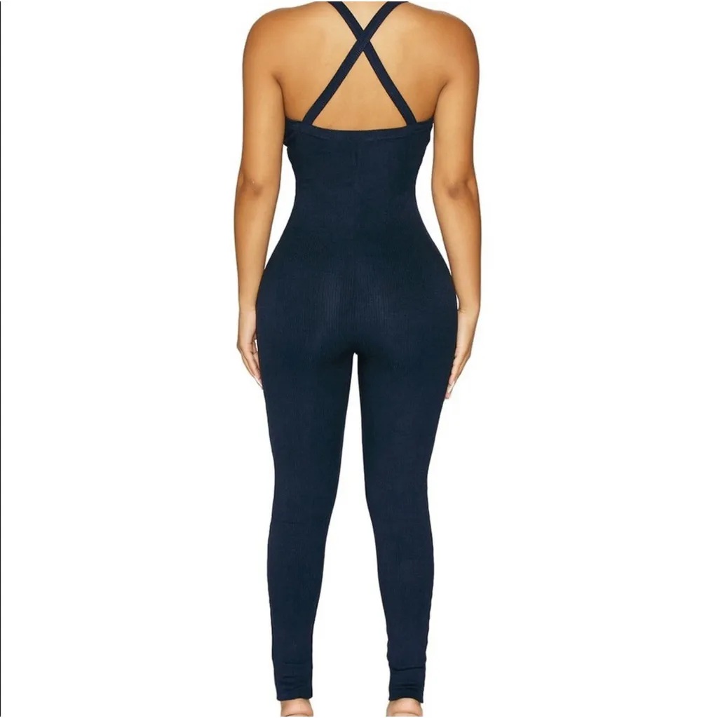 NEW Naked Wardrobe X Is Back Snatched Jumpsuit XL Navy Ribbed Sleeveless NWT - Image 3