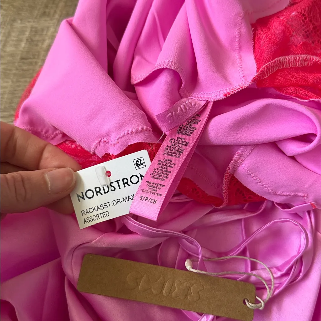 NWT Skims Stretch Satin Lace Long Dress in the Neon Orchid Multi Color Size S - Image 3