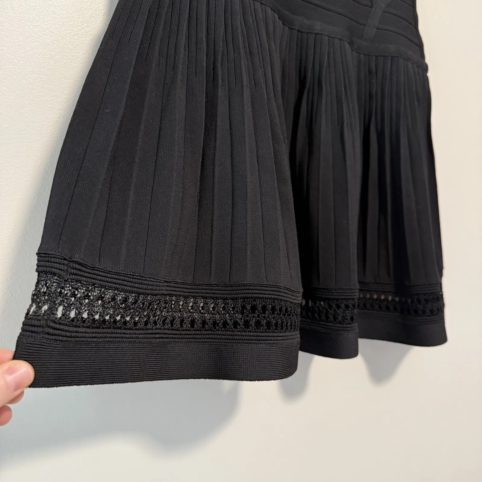 Herve Leger Black Bandage Alena A-Line Lace Trim Skirt - Image 2