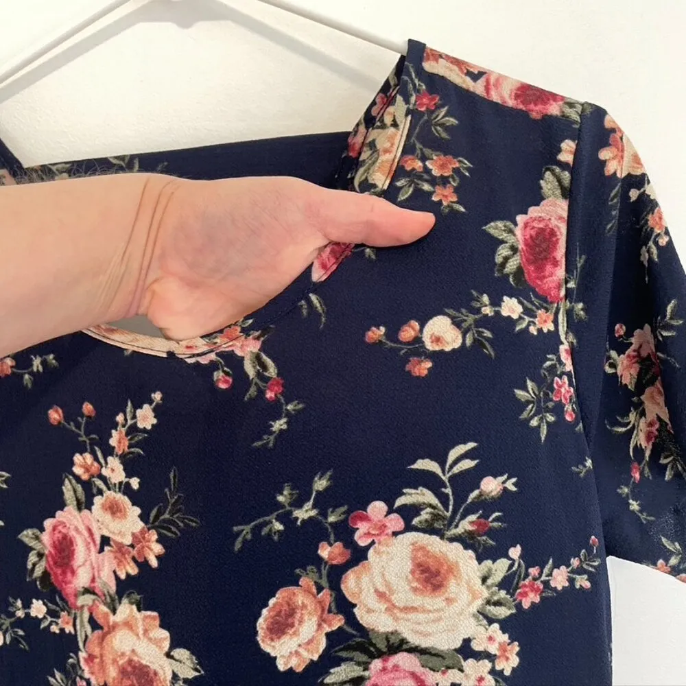 NEW NWT BLUE RAIN FRANCESCA'S Navy Blue Pink Cream Floral Ruffle Shift Dress M Size M - Image 6