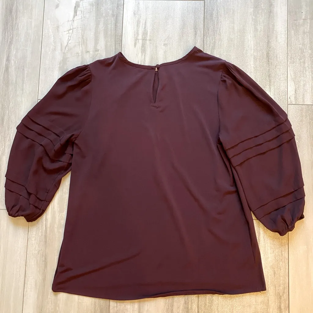 Ann Taylor Flowy Dark Eggplant Purple 3/4 Length Tucked Pleat Sleeve Blouse - Image 2