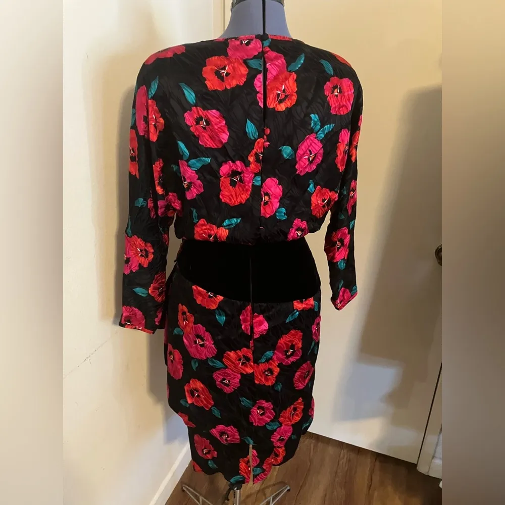 VTG A.J. BARI SILK Black Floral Puffy Sleeve Party Prom Formal Dress sz 12 80s Red - Image 4