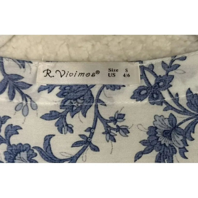 R.Vivimos Dress Womens Small Blue White Boho Floral Maxi Short Sleeve Tassel Tie - Image 3