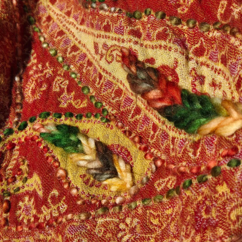 Shawl wool floral embroidered kalahari shawl scarf 68” x 26” Red - Image 4