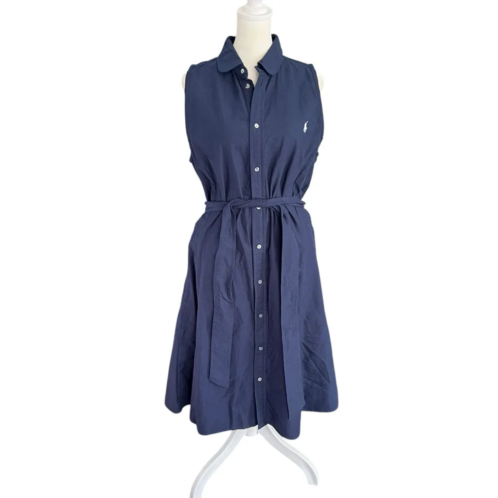 Polo Ralph Lauren Navy Sleeveless Oxford Belted Shirt Dress NWT Size 14 - Image 2