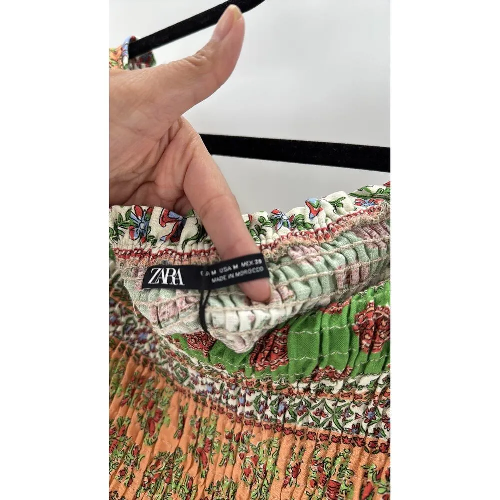 ZARA printed top  Ruffled straight neck Crop smocked linen blend festival beach - Image 4