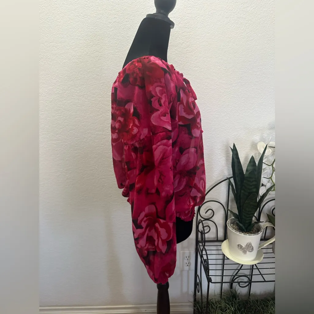 Vintage Lauren Hancock Floral Chiffon Blouse Pink Drawstring Neckline Long Med‎ - Image 2