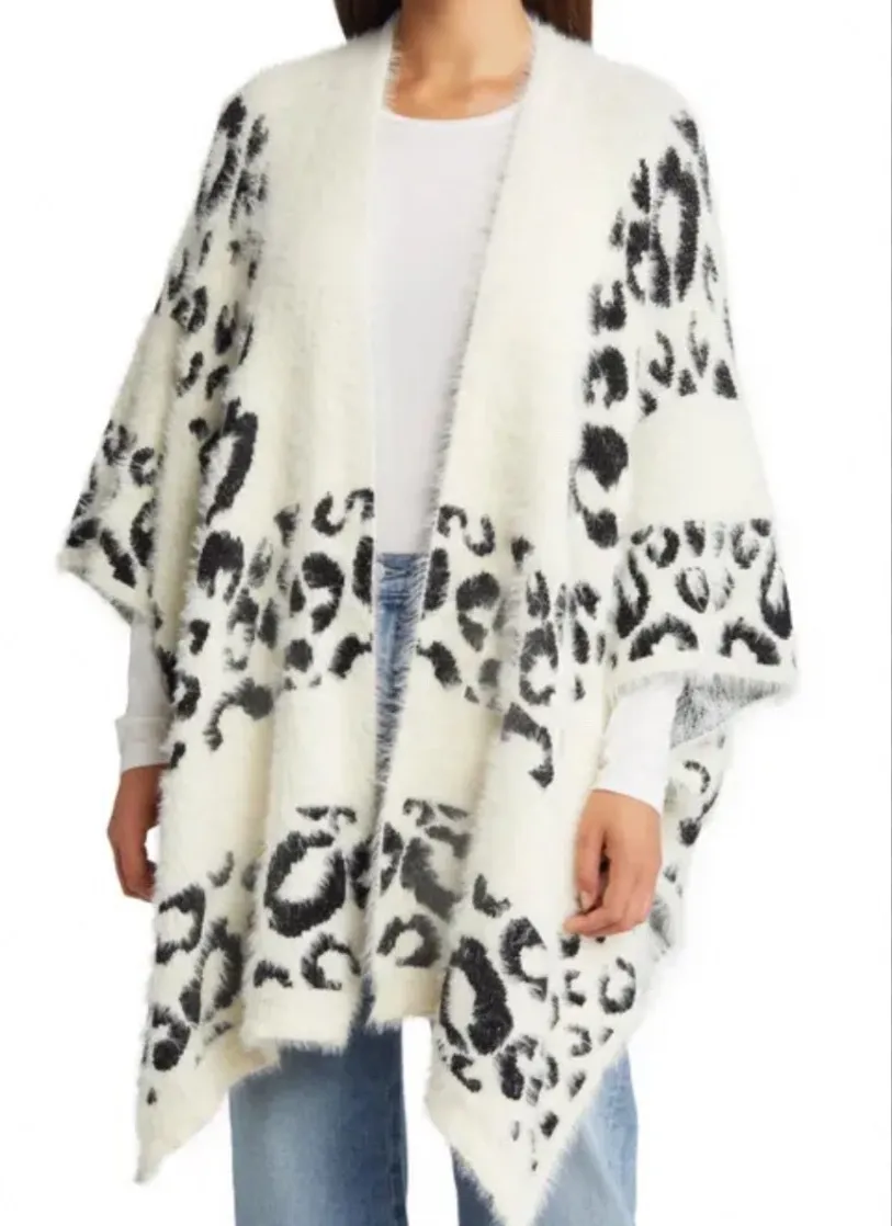 Roffe Leopard Print Ivory Black Soft Fuzzy Knit Shrug Open Front One Size Size undefined - Image 1