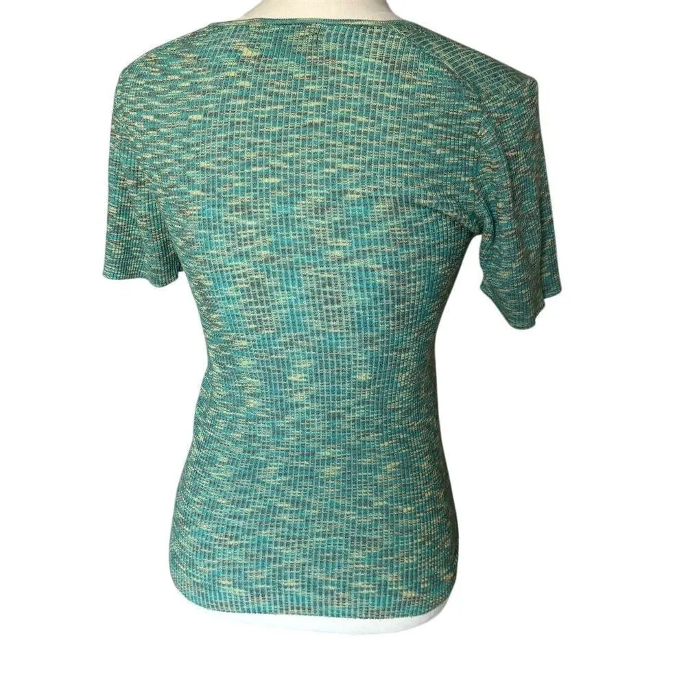 Anthropologie Women's M Green Scoop Neck Short Sleeve Sweater Ribbed Tee - Image 5