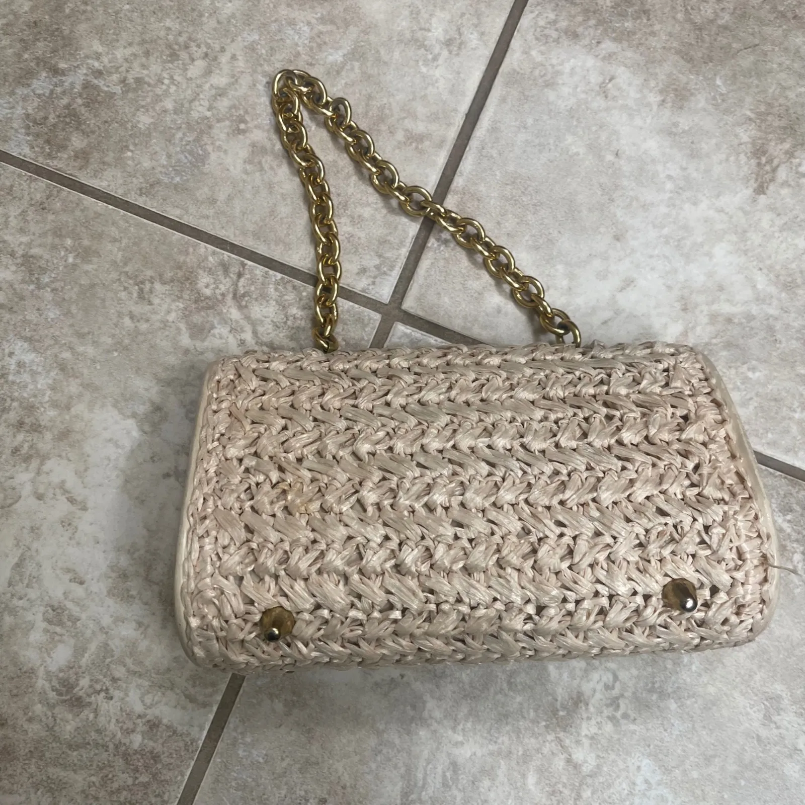 Winkelman's Straw Woven Clutch Bag Gold Chain Strap Purse Vintage Japan EUC Tan - Image 2