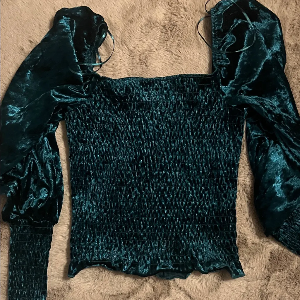 Miami Teal Velvet Puff Sleeve Blouse - Image 8