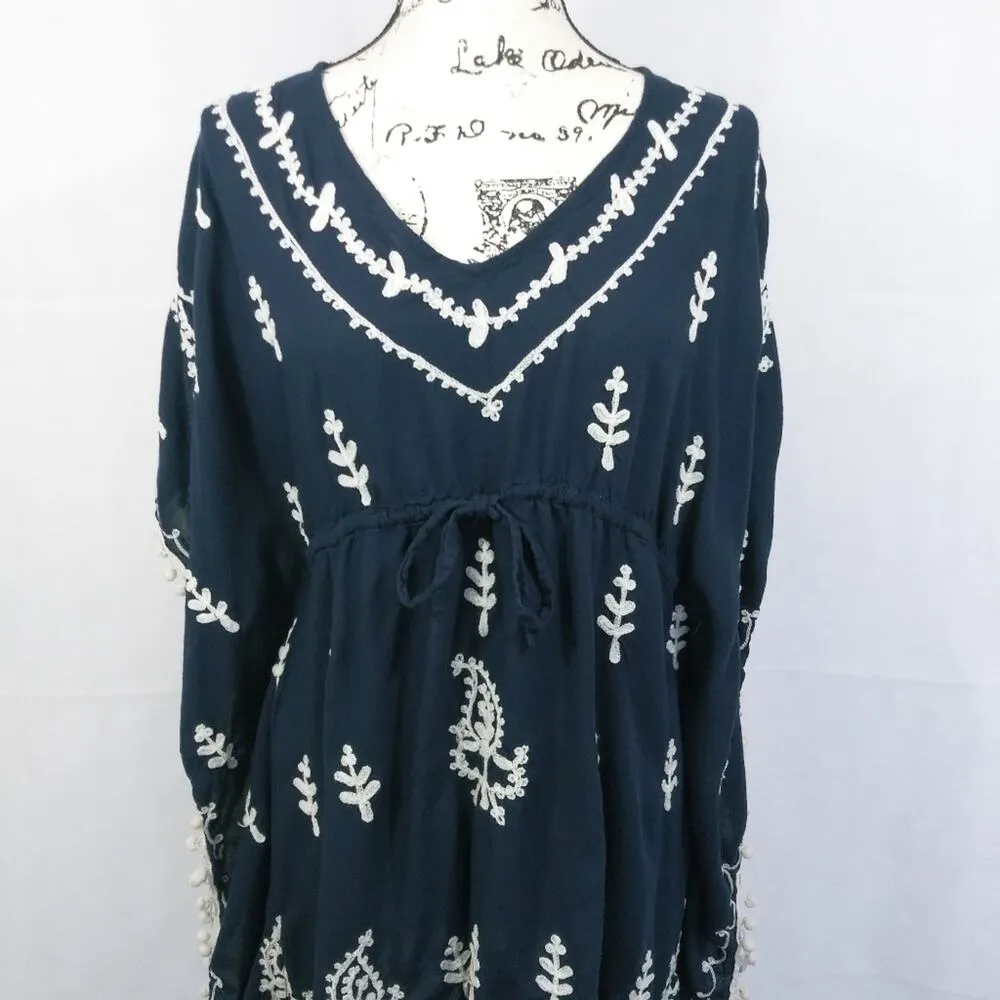 J Gee Navy Embroidered Tunic Cover Up with Pom Pom Trim Size M Blue Size M - Image 2
