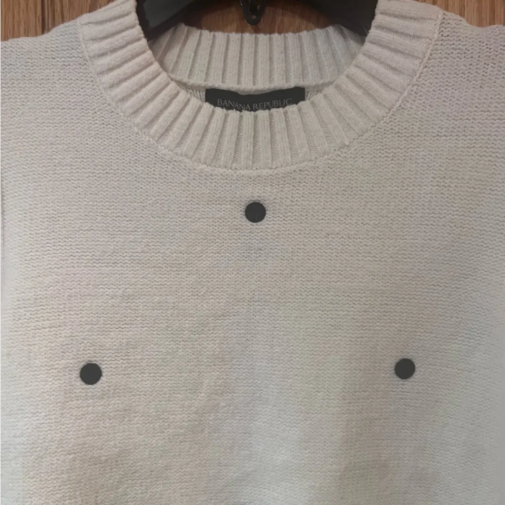 Banana Republic‎ Supersoft Ivory Cotton Sweater Embroidered Black Polka Dots XS - Image 3