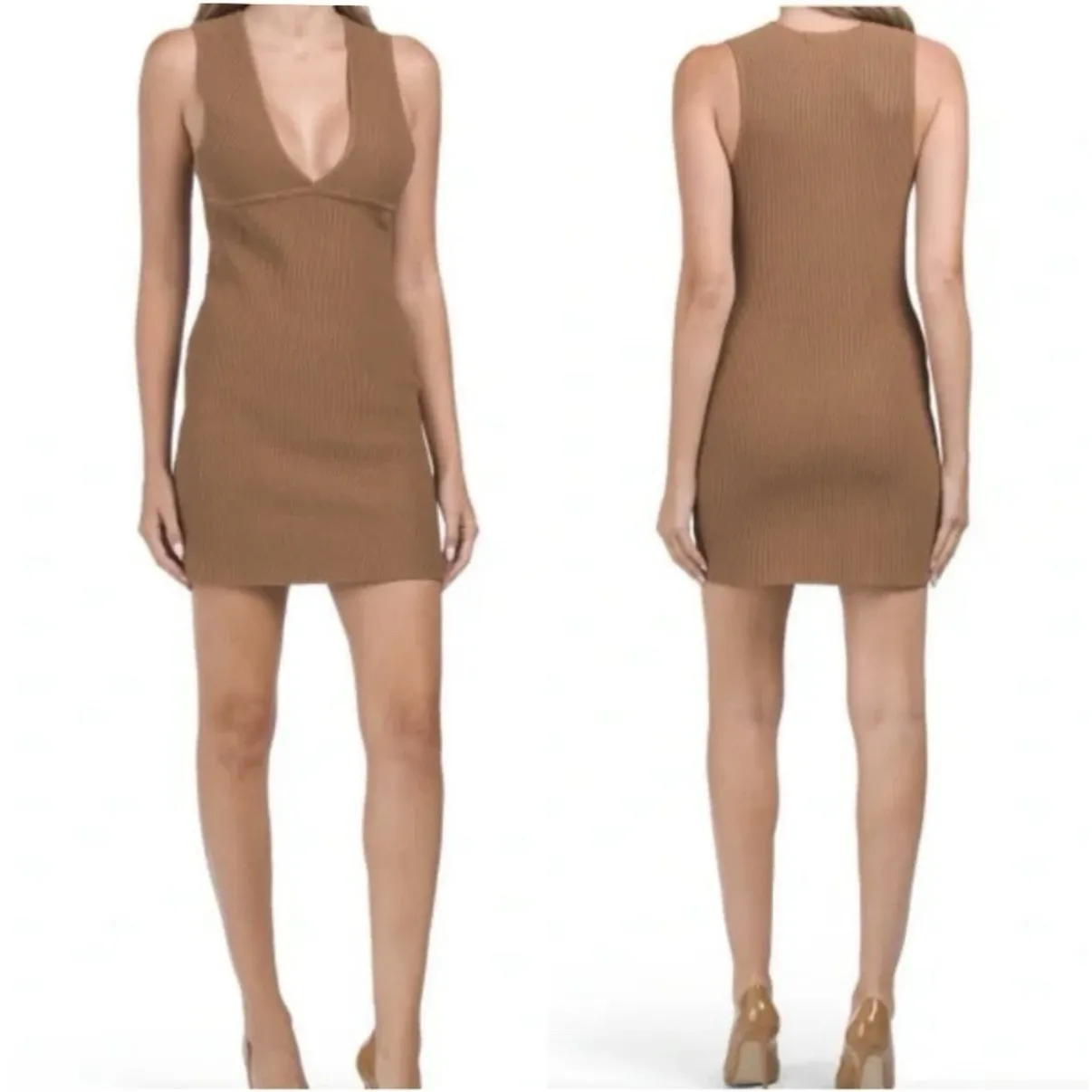 House of Harlow Brown Luxe Essentials Sleeveless V‎ Neck Ribbed Mini Dress LARGE - Image 2
