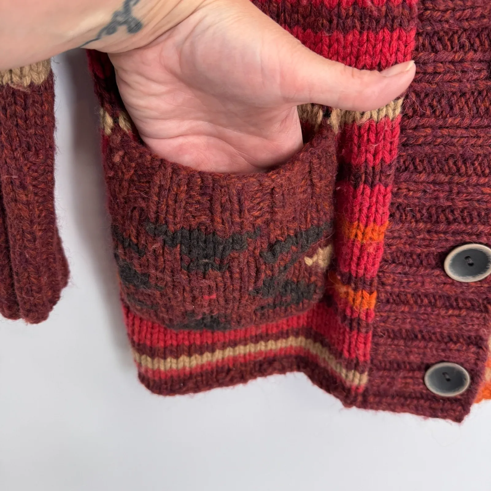 Vintage Eddie Bauer Hand Knit Sweater Womens S Red Southwest Desert Wool Alpaca - Image 5