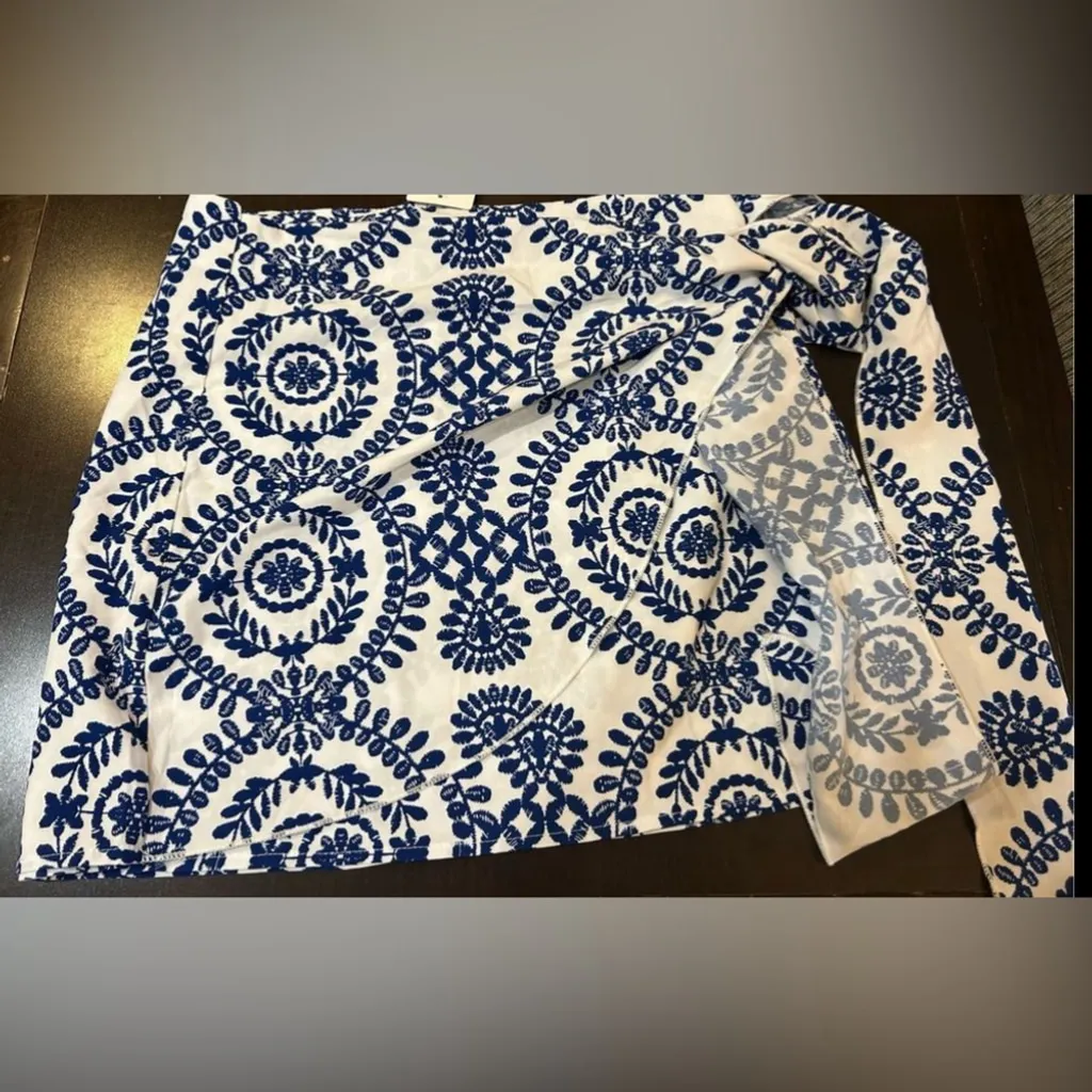 NEW Blue print Wrap High Waisted Knot Side Boho Mini Skirt L Size L - Image 3