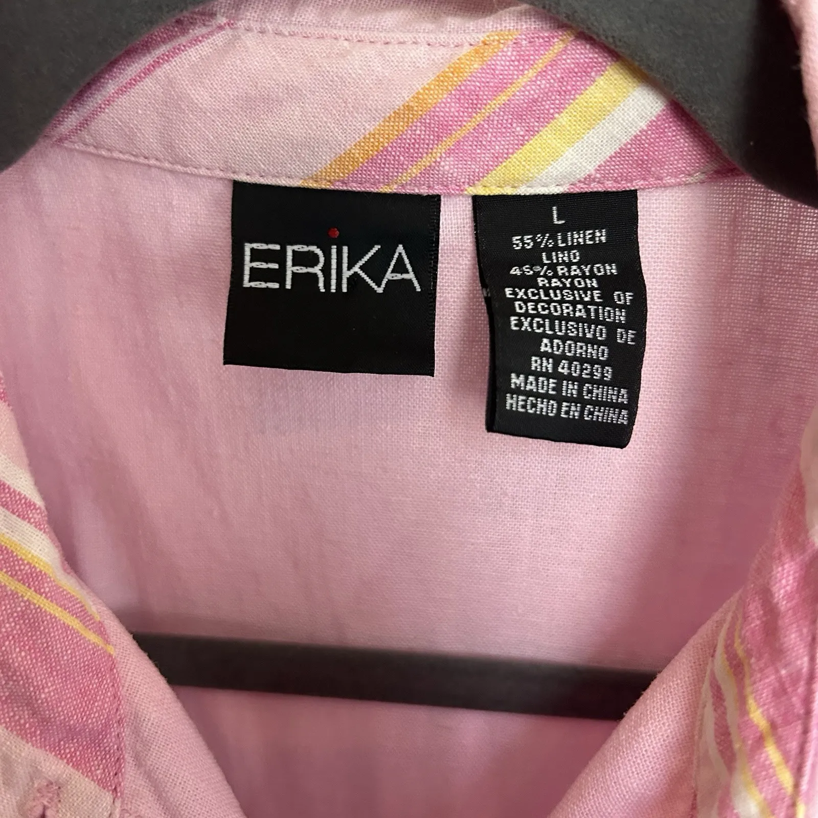 Erika Size Large Pink Short Sleeve Shirt Butterfly Button Up Linen Blend VTG - Image 5