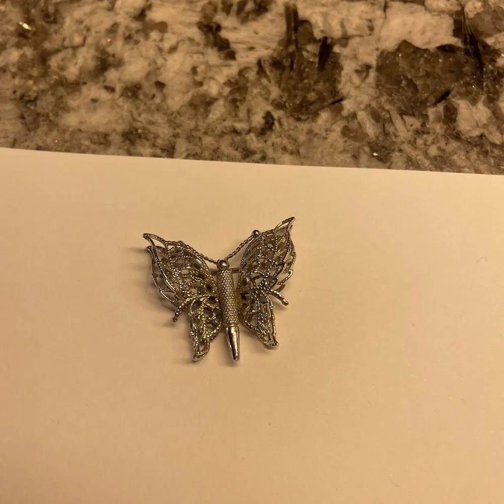 Signed Monet Silver Tone Metal Brooch Pin Butterfly Insect - Image 3