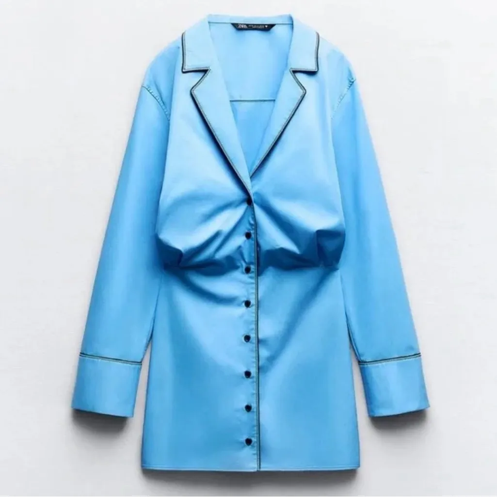 ZARA Short Trench Coat Deep V-Neck Cotton Button-Up Shirt Dress Blue‎ Size Large - Image 7