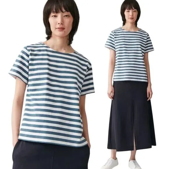 COS Short Sleeve Round Neck T-Shirt Striped Cotton White Blue Women's Size Large - Image 2