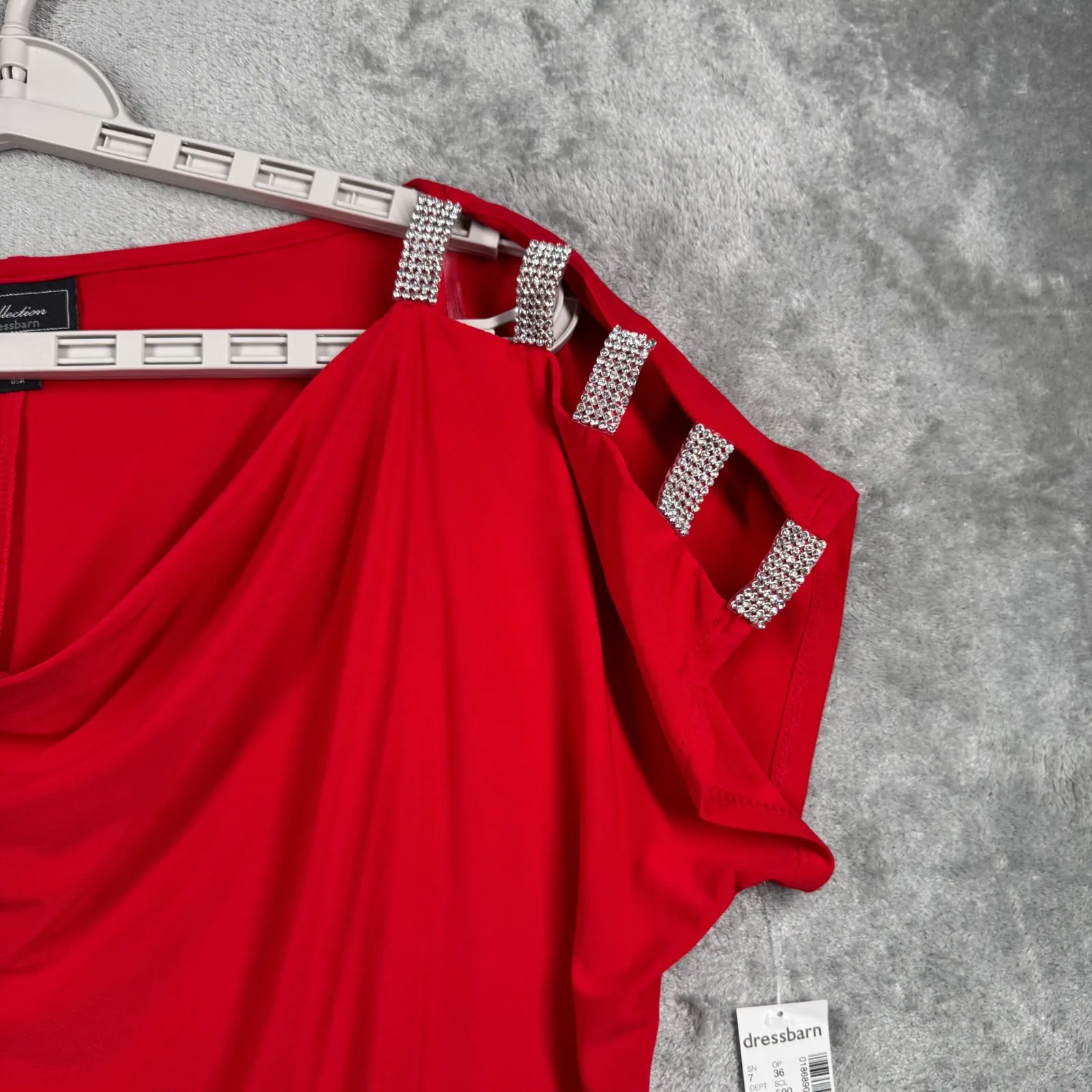 Dressbarn Blouse XL Red Rhinestone Cold Shoulder Cowl Neck Drape Top Shimmer - Image 4