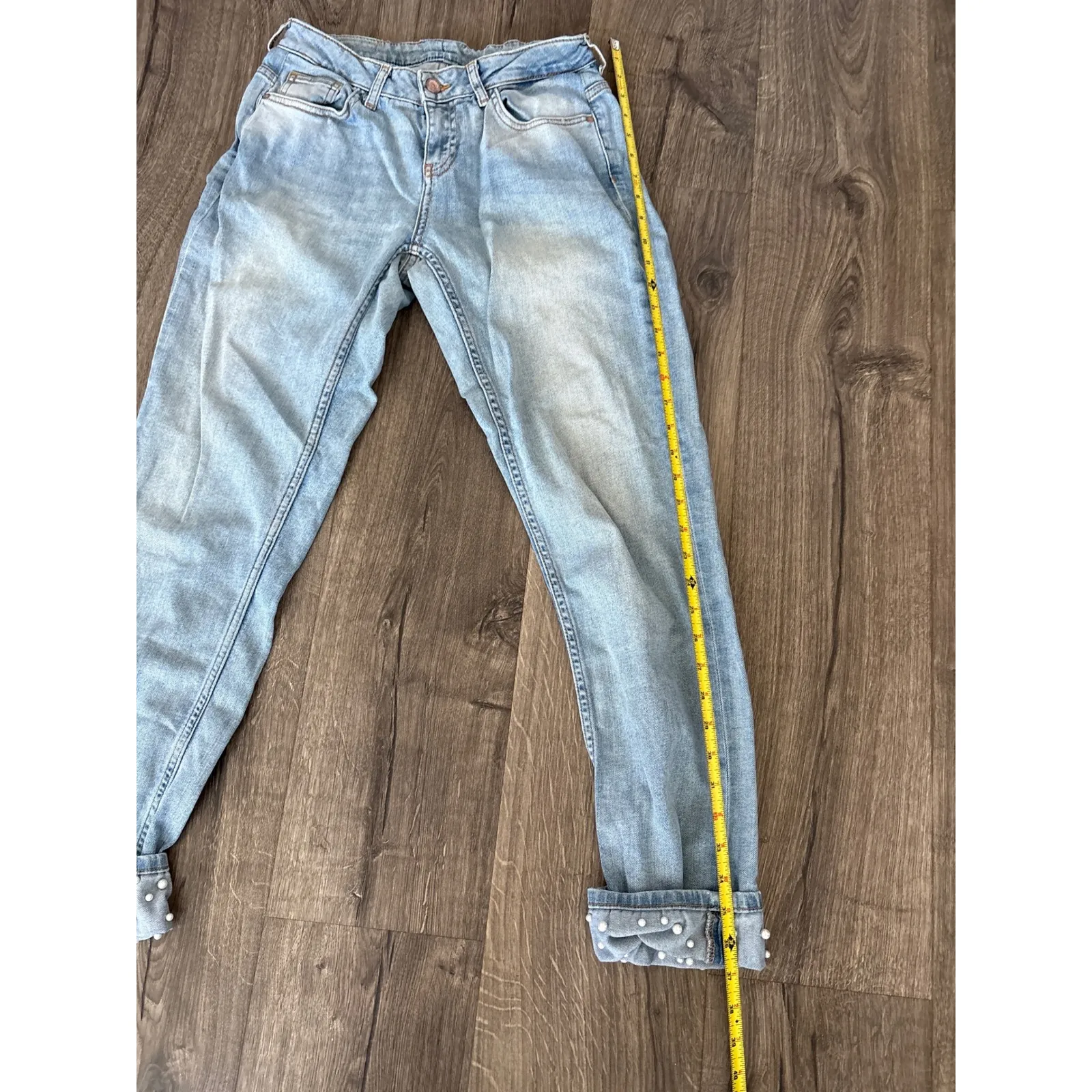 ZARA DENIM Pearl Embellished Pearl Cuffed Light Wash Boyfriend MaMa Jeans Women - Image 8