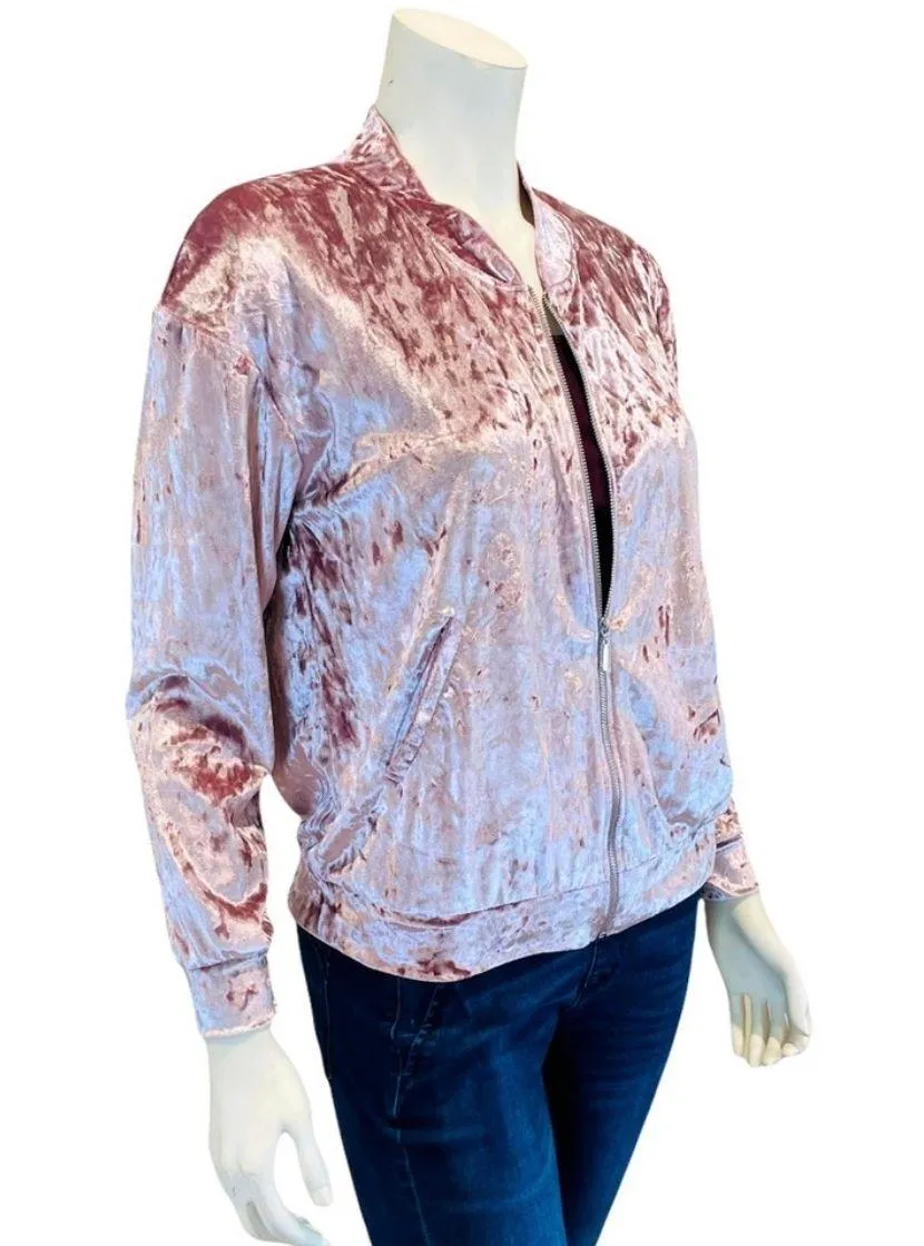 Crushed Pink Velveteen Bomber Jacket - Image 3