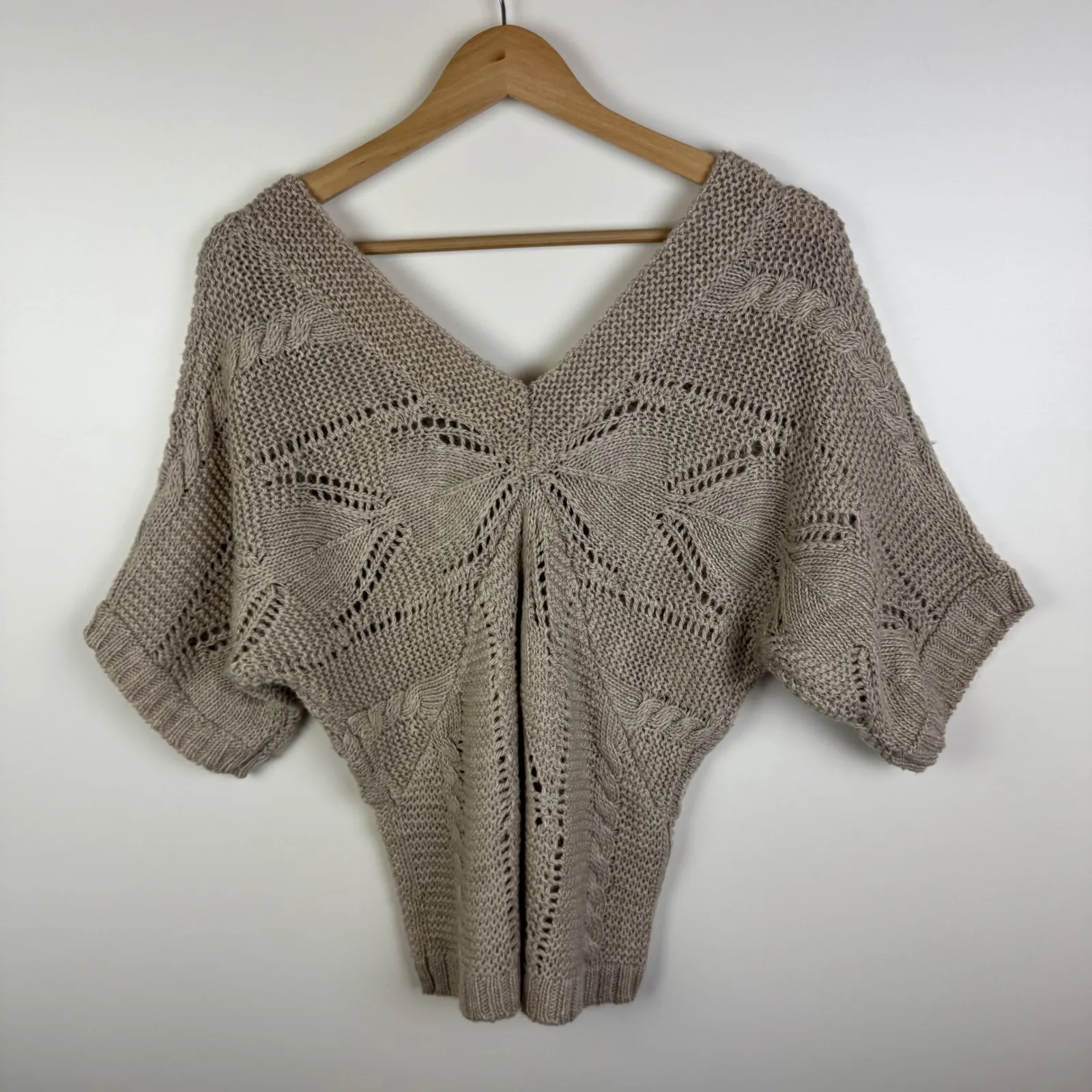 Angie Womens Alpaca‎ Blend Knit Sweater Sz Small Beige V-Neck Batwing Coastal - Image 5