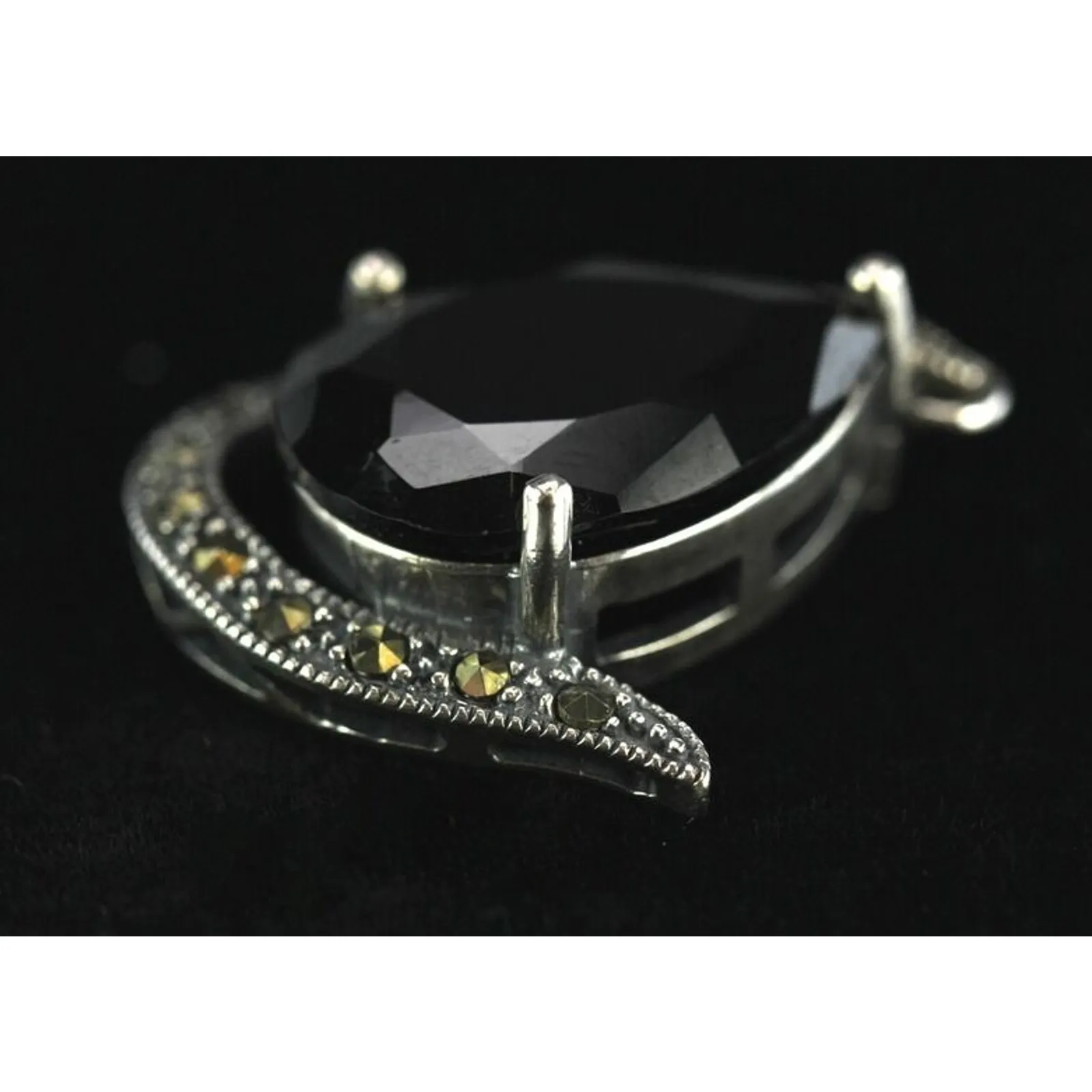 Sterling Silver Gem Pendant Black Teardrop Hematite Marcasite For Necklace 18mm - Image 3